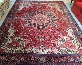 Vintage, hand-woven Persian Heriz rug, 100% wool face, measures 8' 11" x 11' 7".