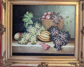 Original oil on canvas fruit still life in carved gilt frame, signed A. E. Elam.