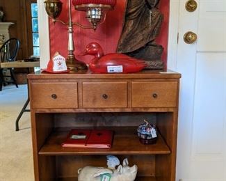 Vintage maple Ethan Allen, single drawer side table, w/cast iron flying pig, cloisonne apple, red glass electric "oil lamp" and vintage, plaster of Paris Moses, by Marwal Industries/Palma - 1967,
