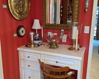 Vintage maple armchair, by Ethan Allen, vintage Abercrombie & Fitch barometer, English brass wall platter, blue/white porcelain table lamp and gold wooden beveled glass wall mirror. 