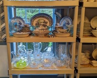 Nice selection of crystal stemware, American Brilliant Cut Glass collection of Libbey "Vendian" wine, sherbet and cordial stems, 45-piece set of vintage Wood's Ware (England) Blue/White "Wincanton" china, ABCG bowls, cut crystal pitchers, uranium glass and holiday servers.