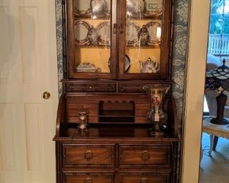 Vintage 2-piece faux bamboo roll-top secretary, by Jasper Cabinet, Jasper, IN.