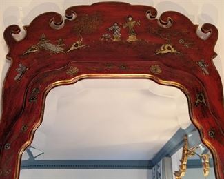 Close-up pic of the Chinese Red, hand-painted wall mirror, with beveled glass.