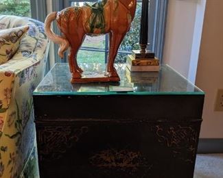 Hand-painted Asian wooden side table, w/glass top.