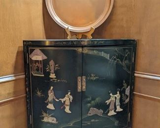 Vintage hand-painted Asian black lacquer 2-door cabinet, w/bone/MOP figurines, wth large copper tray on wooden stand. 