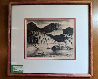 Nicely framed (faux bamboo frame) /matted original pencil/ink on paper, by listed artist, Philip Cheney.