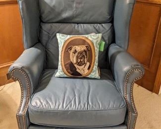 Sweet leather/brass nailhead recliner, by Barcalounger, with Belgian tapestry bulldog pillow. 