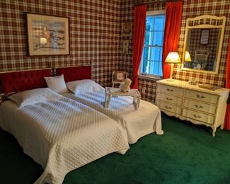Vintage French Provincial bedroom suite, by Dixie Furniture Co. (Lexington, NC) - LOVE the plaid wallpaper and Augusta Green carpet.                                                    Notice that the draped DO NOT match the carpet...
