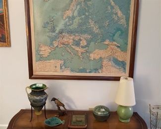 Our MCM shrine! One of two large 3-D wall maps, by Aero Service Corporation, "Photogrammetric Engineers", from Philadelphia, PA, leather-topped wooden coffee table, assorted doodads.