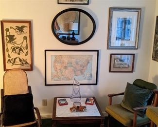 Assorted wall art, vintage pecan coffee table, with Italian white marble, bentwood rocker and one of a set of three MCM armchairs.