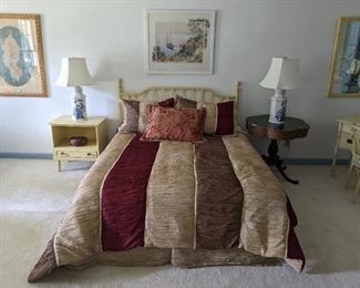 Queen size bed, w/matching faux bamboo single drawer nightstand, pair of matching blue/white porcelain lamps w/shades, finials and painted 1940's mahogany drum table, w/tooled green leather top. 