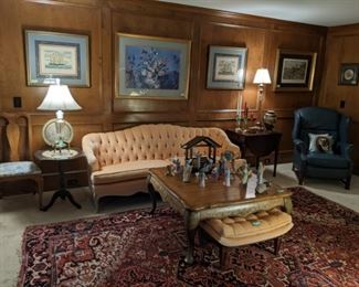 AH, HERE it IS! The Georgia Peach, French Provincial tufted couch that everyone's been clamoring for - it even has a matching swoopy ottoman, Hand-painted wooden coffee table, by Hooker, hand-painted tilt-top side table, assorted nicely framed/matted artwork and last, but certainly not least, a 22-piece set of hand-painted porcelain Lenox Nativity set, w/wooden creche, all atop a wonderful Persian Heriz rug, measuring 11' 7" x 7' 11".