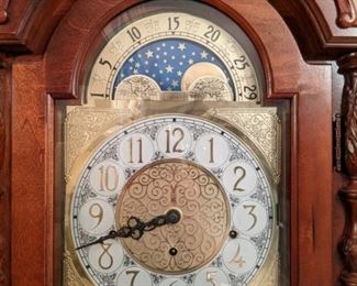 Close-up of the face of the Ridgeway grandfather clock.
