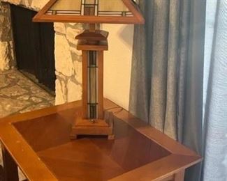 Mission Table Lamp with walnut wood Tiffany Stained Glass