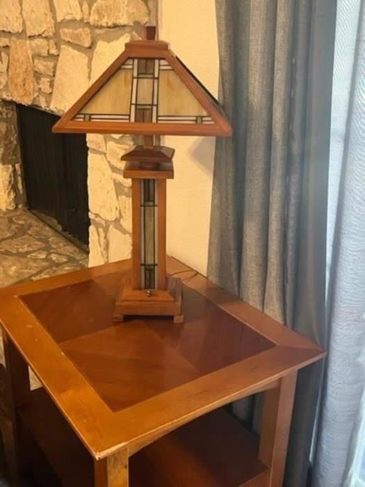 Mission Table Lamp with walnut wood Tiffany Stained Glass