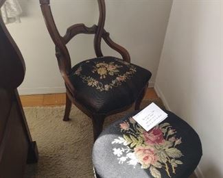 $60 NEEDLEPOINT SEAT CHAIR WITH FOOT STOOL