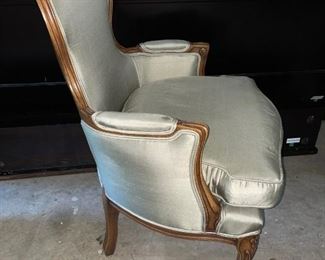 $300 - Pair of Rococo Style Dupioni Silk Upholstered Arm Chairs CG97-17                                                                                 Pair of two Bergere style occasional chairs with padded arms. They are newly reupholstered in a grey Dupioni Silk. Chairs are in very good condition.

Length : 25.5
Width : 20
Height : 37

LOCAL PICK UP POTOMAC, MD. SHIPPING SUGGESTIONS AVAILABLE UPON REQUEST.