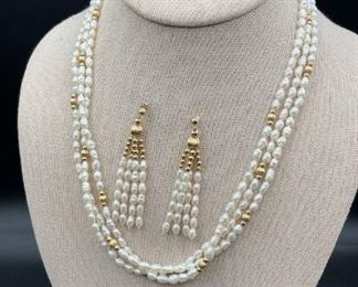 Freshwater Pearl W/ 14K Yellow Gold Accents Necklace & Matching Earrings