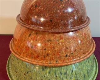 3 Vintage Taxasware Melamine Confetti Bowls - Green, Tan & Brown