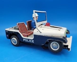 Vintage Tin Toy Police Car Jeep - Nomura Shinkosha Japan - Tons Of Action- Outstanding Condition