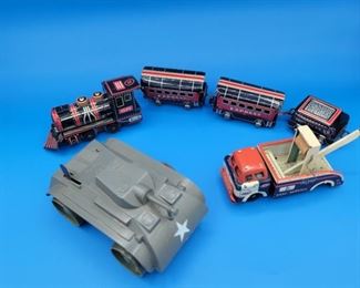 Vintage Marx Tin Toy Cars AllState Tow Truck, Military Tank, & Haji Tin Train