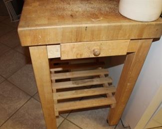 butcher block kitchen table with one drawer and shelf