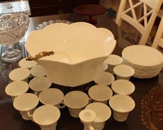 milk glass punch bowl, on gilt stand, and 24 cups and ladle