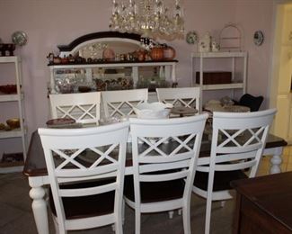 solid wood dining table and six chairs, tempered glass top