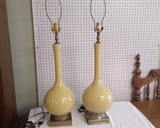 Pair Bulbous Yellow Ceramic Table Lamps

