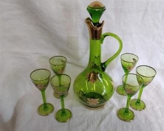 Italian Green Glass Liquor Decanter Set
