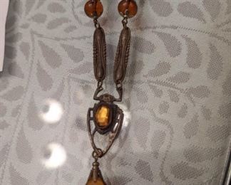 Amber scarab Egyptian revival art deco necklace.