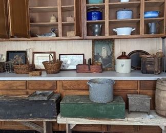Great! Primitive boxes enamelware antique baskets and butter molds.