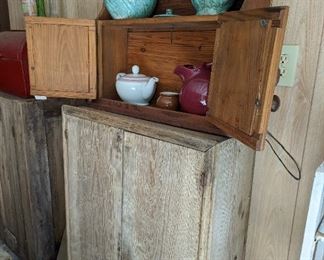 Amazing! Antique jelly cupboard/ cabinet. And reproduction hanging pine cabinet.