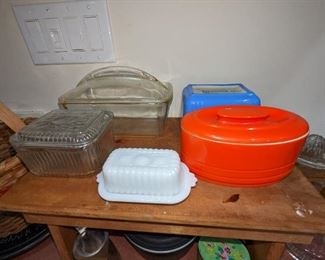 Westinghouse and refrigerator containers. Milk glass butter dish.