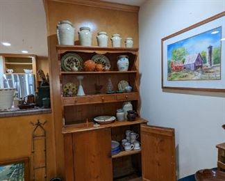 Gorgeous red pine antique refurbished hutch with Wes Moore Pottery.