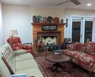 Diminutive love seat and cozy brocade recliner