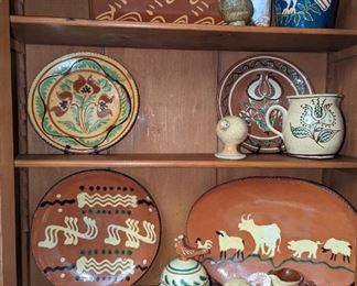 Collection of Turtle Creek pottery hand-painted including birdhouse