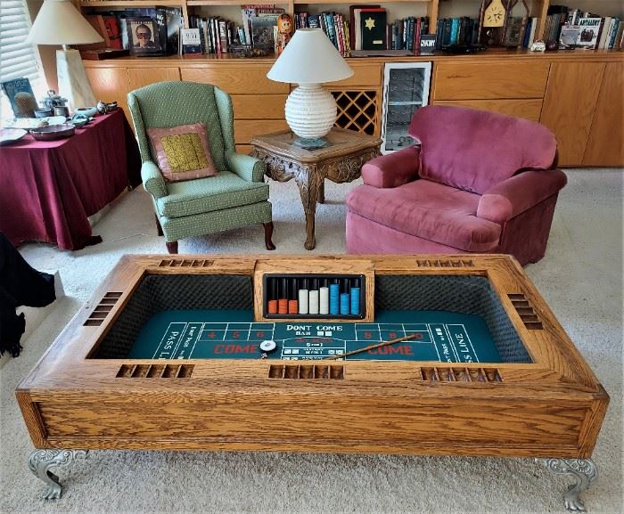 . Craps Oak Cocktail Coffee Table with Cast Silver Claw Foot Feet