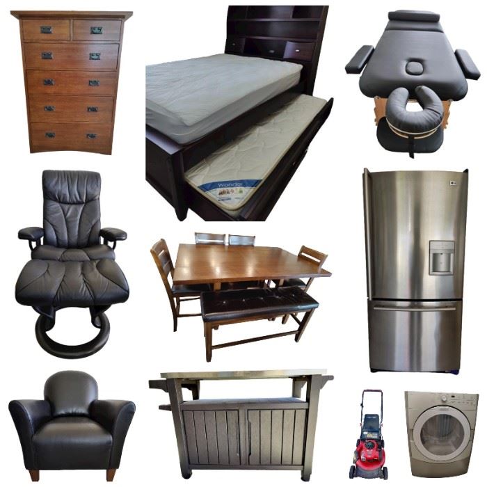 LG Bottom Freezer Refrigerator - Leather Club Chair - Leather Club Chair - Troy-Bilt Push Lawn Mower - KitchenAid Electric Dryer & Washer - 55" LG Nanocell TV - Sierra Comfort Massage Table - Keter Outdoor Kitchen Cart - Wood Trundle Bed - Wood Dining Table - Wooden Chest of Drawers - 