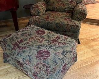 Walter E. Smithe upholstered armchair and matching ottoman (sold as is) 36"W x 31"H with an 18" seat height - $125    Call or text Joanne at 708-890-4890 to view and purchase!