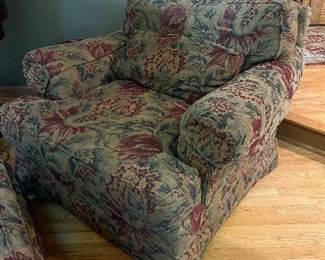 Walter E. Smithe upholstered armchair and matching ottoman (sold as is) 36"W x 31"H with an 18" seat height - $125    Call or text Joanne at 708-890-4890 to view and purchase!