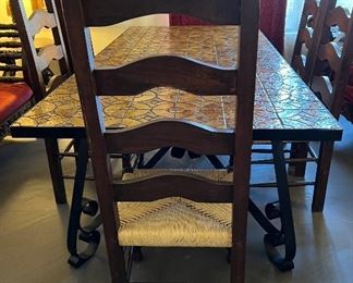 Vintage Custom Made Iron Base and Tile Top Dining Table w 6 Chairs, Rush Seat and Ladderback