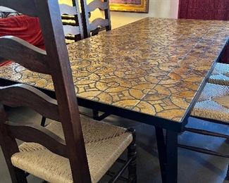 Vintage Custom Made Iron Base and Tile Top Dining Table w 6 Chairs, Rush Seat w Ladderback