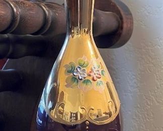 Bohemian Glass Gold Encrusted Floral Decanter and Glasses