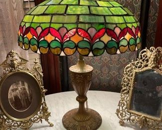 Antique Cast Iron Table Lamp with Stain and Slag Glass Shade