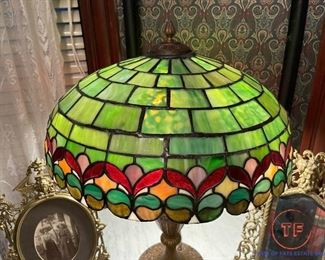 Antique Cast Iron Table Lamp with Stain and Slag Glass Shade