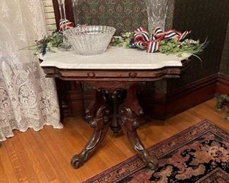 Hand Carved Mahogany Table with Marble Top