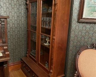 Antique Hand Carved Glass Front Display Cabinet