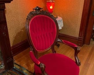 Victorian Red Velvet Hand Carved (3 Piece) Parlor Set