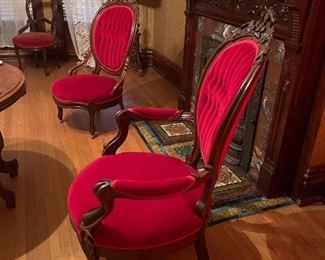Victorian Red Velvet Hand Carved (3 Piece) Parlor Set